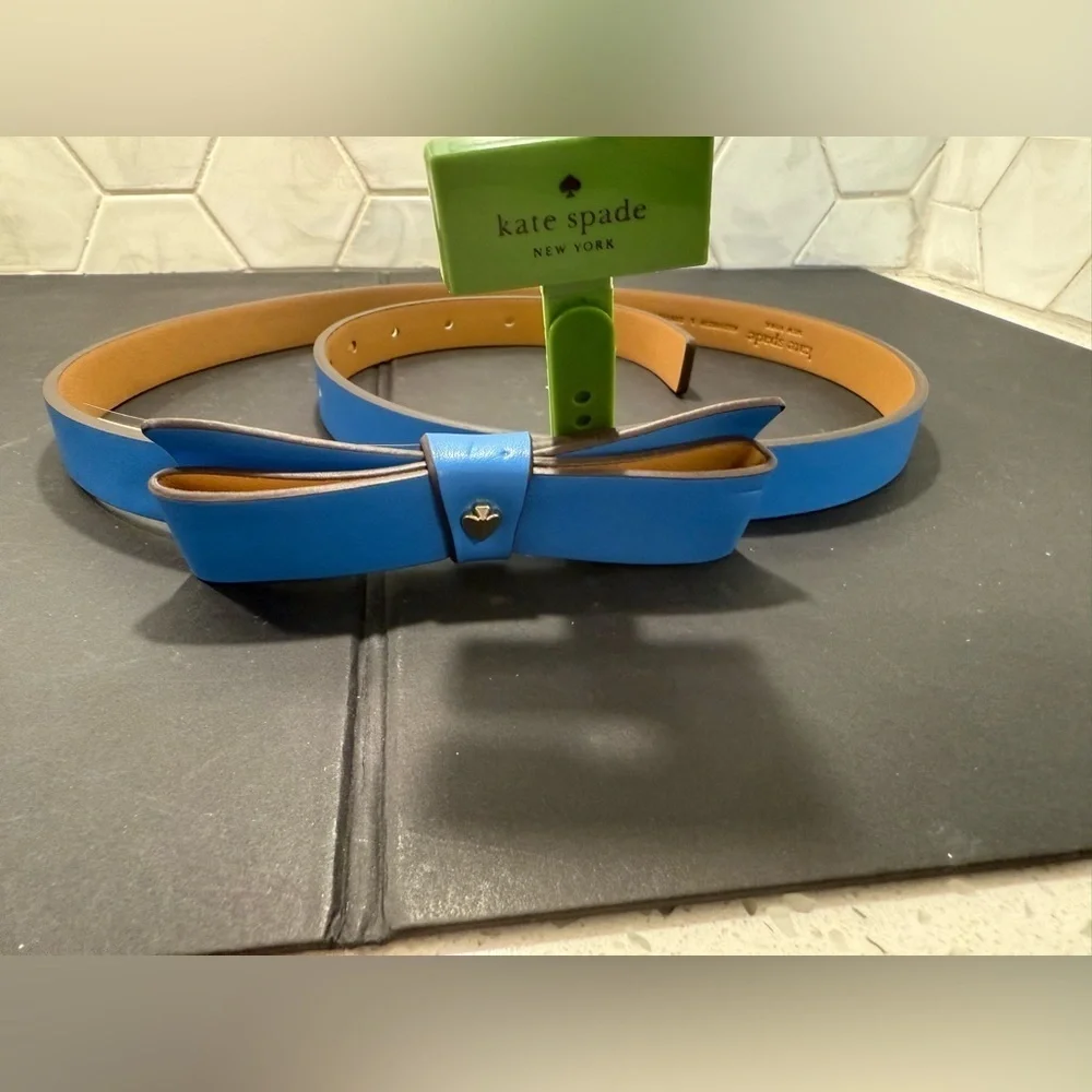 Kate Spade NY Bow Leather Belt Calfskin Leather Size Large Riverside Blue NWT